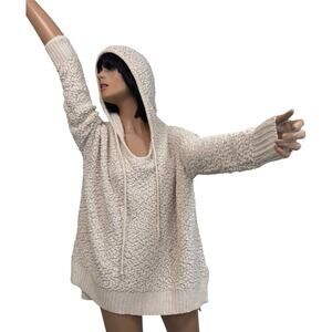 Hooded Popcorn Chenille Pullover Sweater Drawstring Women S/M Ivory Cozy Slouchy
